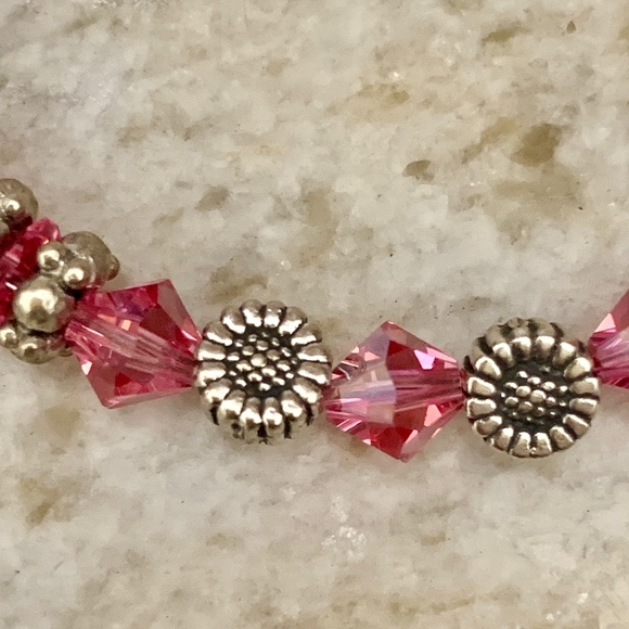 Pink Rose AB Crystals with Daisy Sterling Silver Bracelet #handmade - Picture 2 of 5